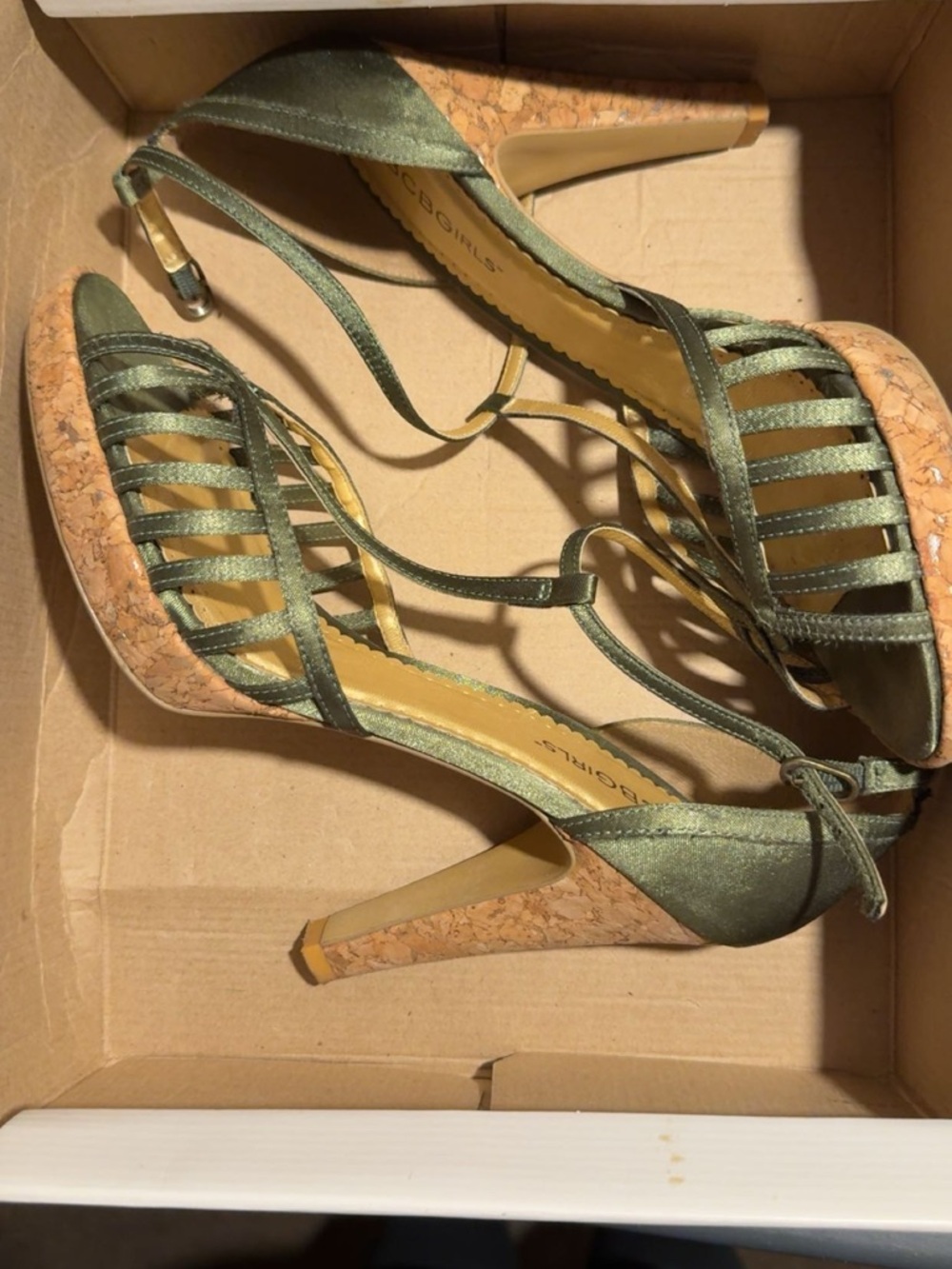 BCBGirls Olive Green Satin Strappy Cork Platform Heels